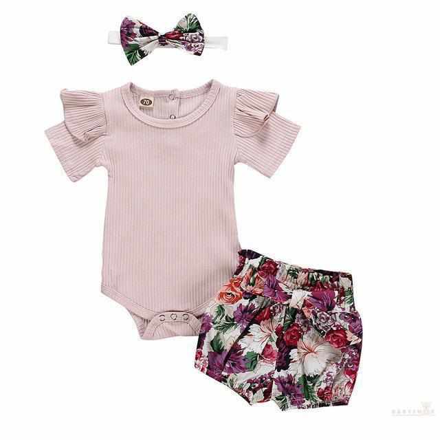 Cute Romper+Headband+Flower Printed Shorts Set-Clothing Sets-Babyshok