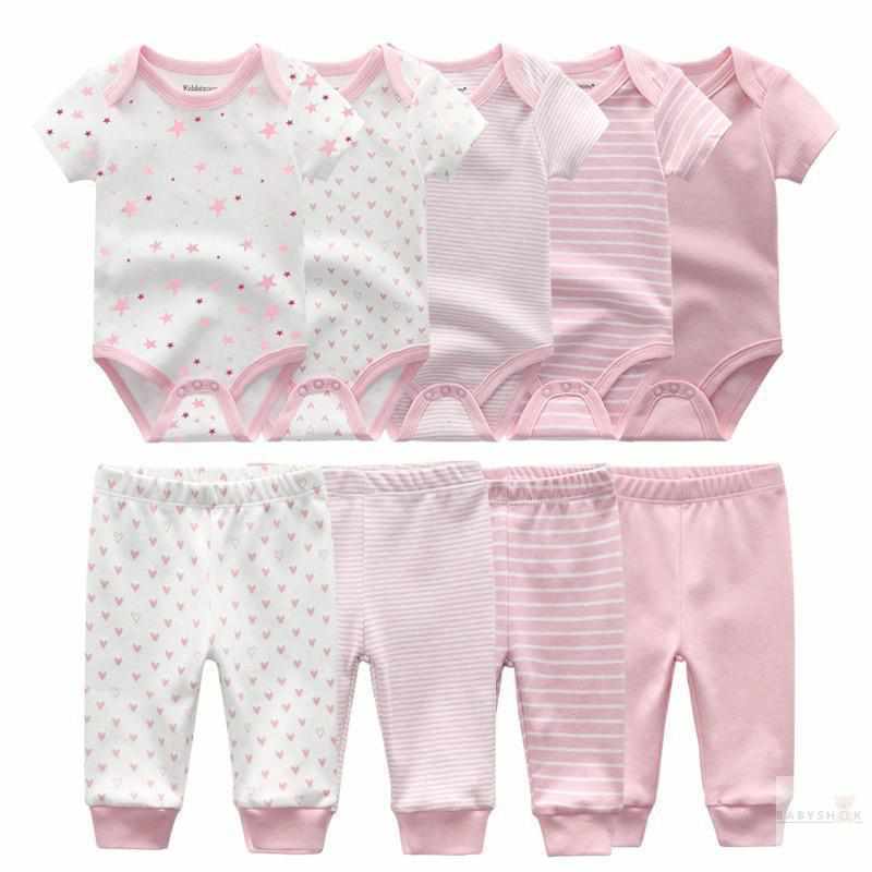Different Colors Cotton Bodysuits+Pants Baby Clothes - 9 Pcs Sets-Clothing Sets-Babyshok