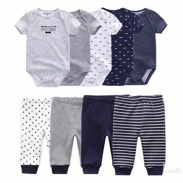 Different Colors Cotton Bodysuits+Pants Baby Clothes - 9 Pcs Sets-Clothing Sets-Babyshok
