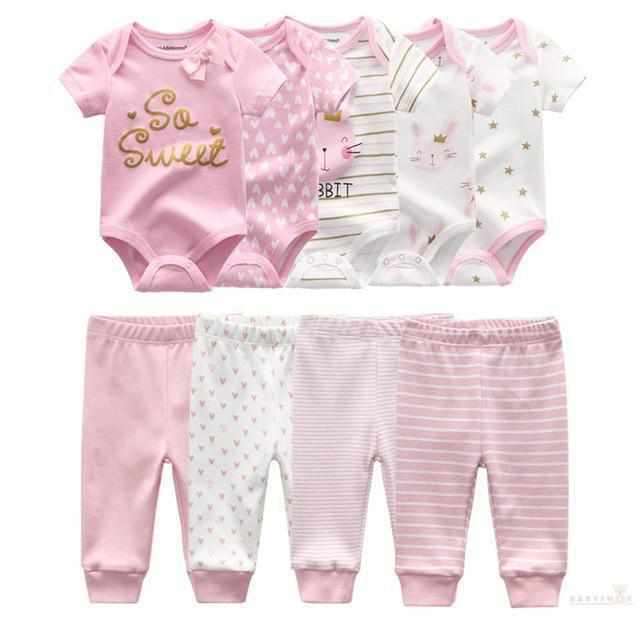 Different Colors Cotton Bodysuits+Pants Baby Clothes - 9 Pcs Sets-Clothing Sets-Babyshok
