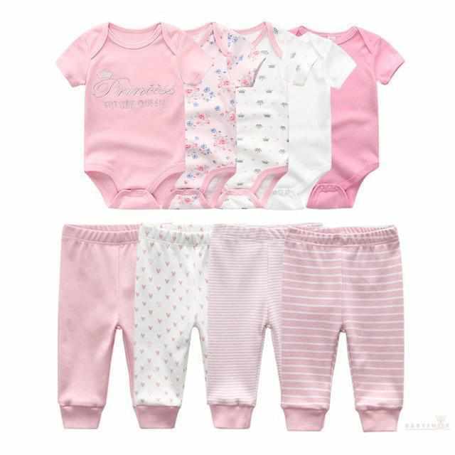 Different Colors Cotton Bodysuits+Pants Baby Clothes - 9 Pcs Sets-Clothing Sets-Babyshok