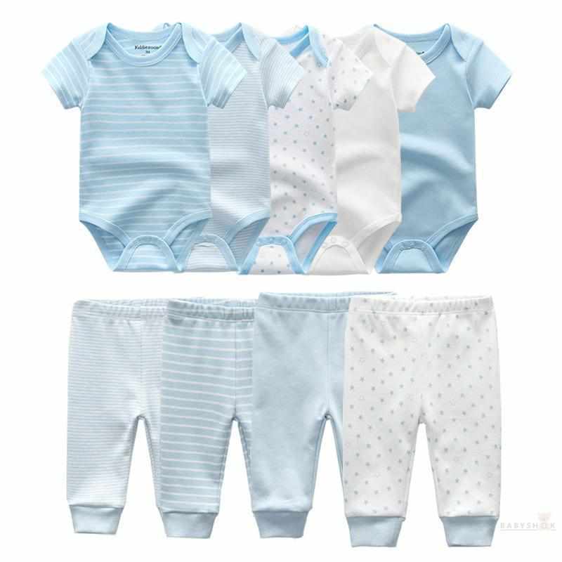 Different Colors Cotton Bodysuits+Pants Baby Clothes - 9 Pcs Sets-Clothing Sets-Babyshok