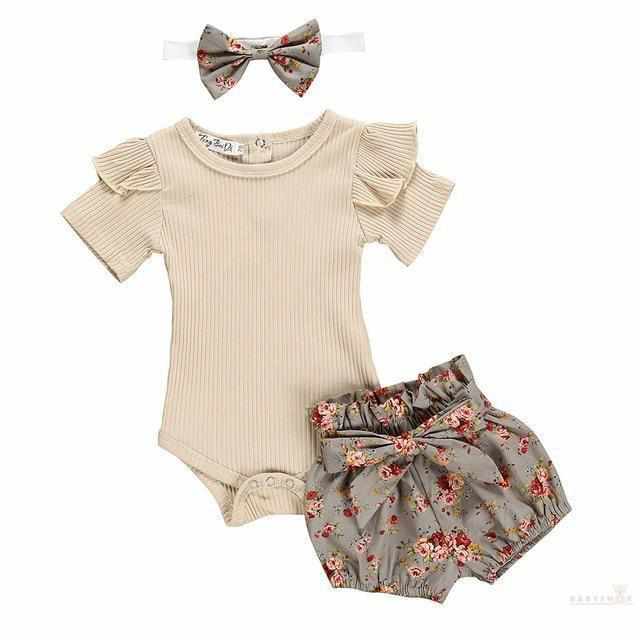 Cute Romper+Headband+Flower Printed Shorts Set