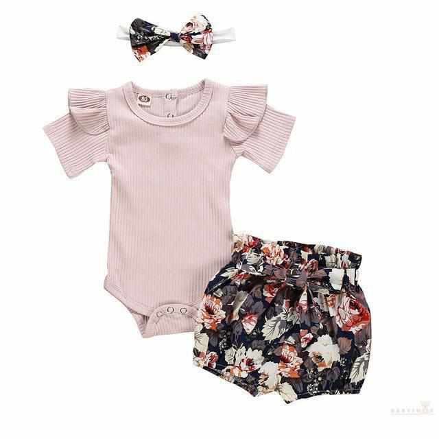 Cute Romper+Headband+Flower Printed Shorts Set-Clothing Sets-Babyshok