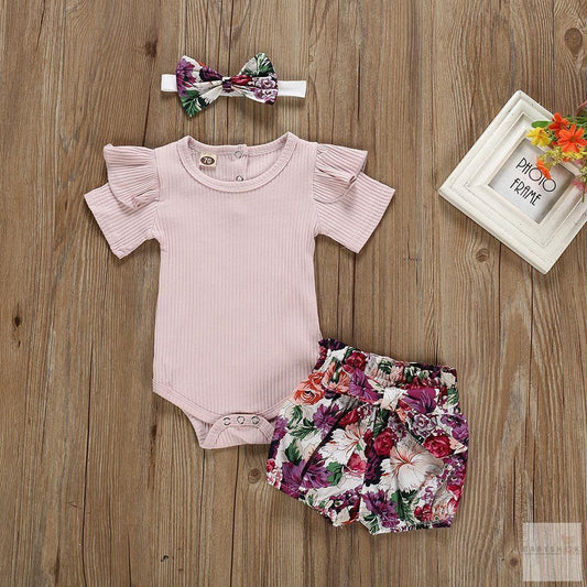 Cute Romper+Headband+Flower Printed Shorts Set-Clothing Sets-Babyshok