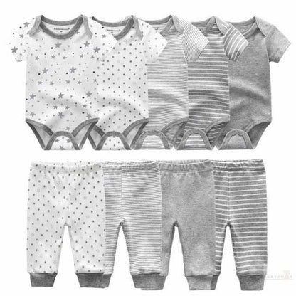 Different Colors Cotton Bodysuits+Pants Baby Clothes - 9 Pcs Sets-Clothing Sets-Babyshok